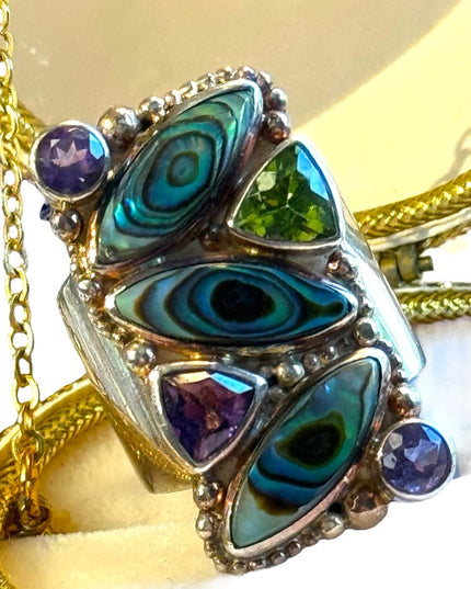 - Lovely SAJEN Sterling silver Abalone Amethyst peridot fancy BALI ring Sz 6