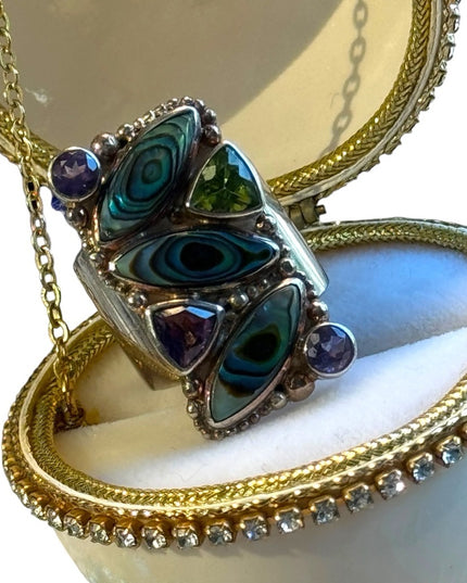 - Lovely SAJEN Sterling silver Abalone Amethyst peridot fancy BALI ring Sz 6