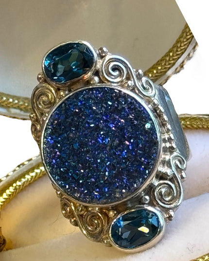 Sterling silver Sajen sterling silver 925 Blue Drusy quartz, topaz Open Work