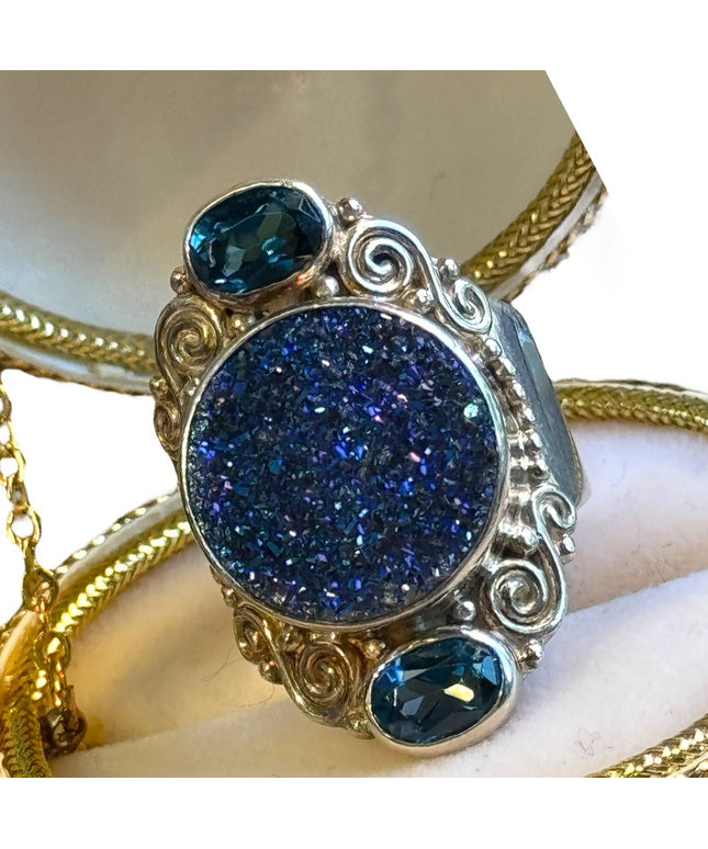 Sterling silver Sajen sterling silver 925 Blue Drusy quartz, topaz Open Work