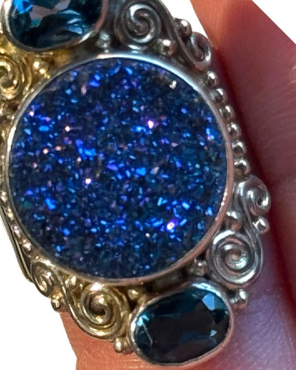 Sterling silver Sajen sterling silver 925 Blue Drusy quartz, topaz Open Work