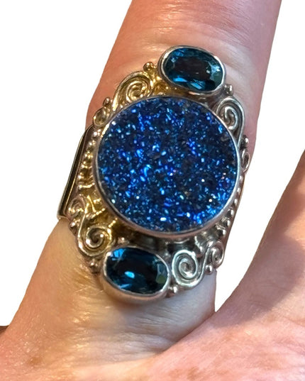 Sterling silver Sajen sterling silver 925 Blue Drusy quartz, topaz Open Work