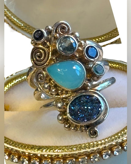 Beautiful Sajen Multi Color Gemstone Druzy Sterling Silver Ring Size 8
