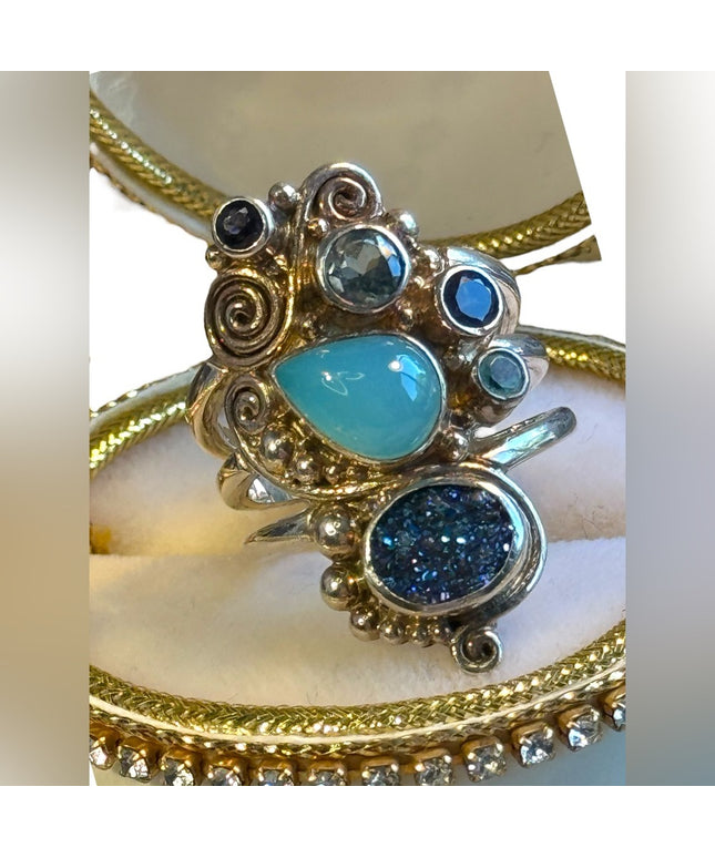 Beautiful Sajen Multi Color Gemstone Druzy Sterling Silver Ring Size 8