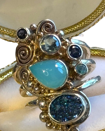 Beautiful Sajen Multi Color Gemstone Druzy Sterling Silver Ring Size 8