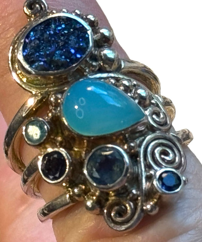 Beautiful Sajen Multi Color Gemstone Druzy Sterling Silver Ring Size 8