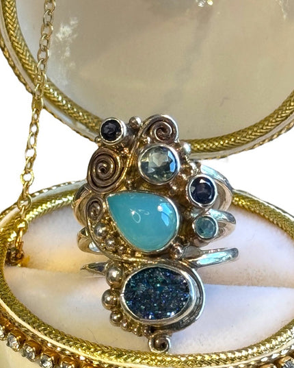 Beautiful Sajen Multi Color Gemstone Druzy Sterling Silver Ring Size 8