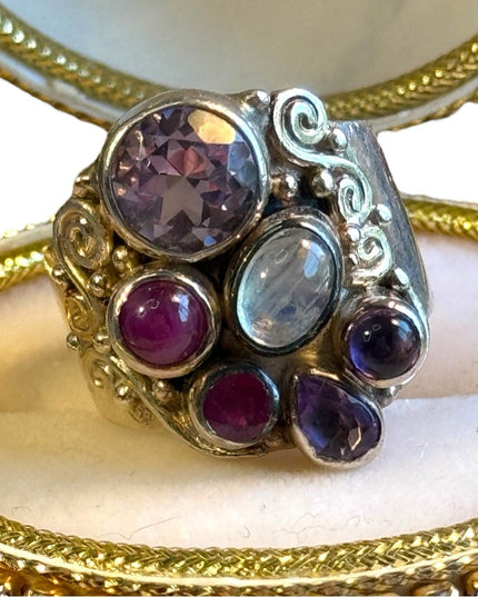 Sajen Stunning Moonstone amethyst ruby rhodonite fancy 925 sterling silver ring