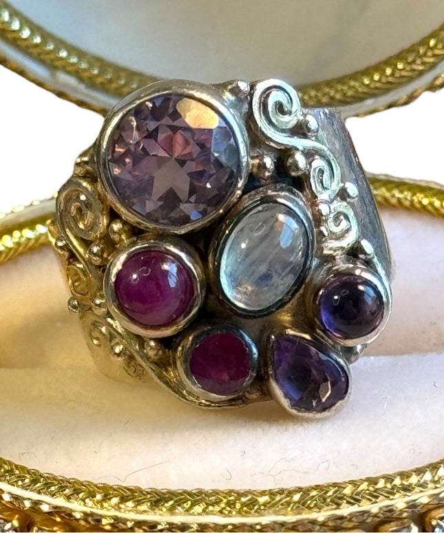 Sajen Stunning Moonstone amethyst ruby rhodonite fancy 925 sterling silver ring