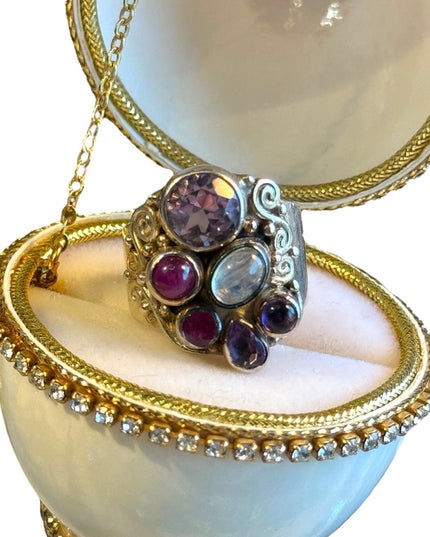 Sajen Stunning Moonstone amethyst ruby rhodonite fancy 925 sterling silver ring