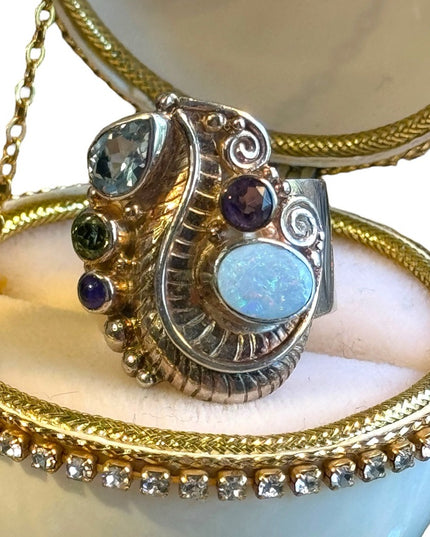 Sajen Moonstone amethyst & topaz scrollwork Bali designer ring