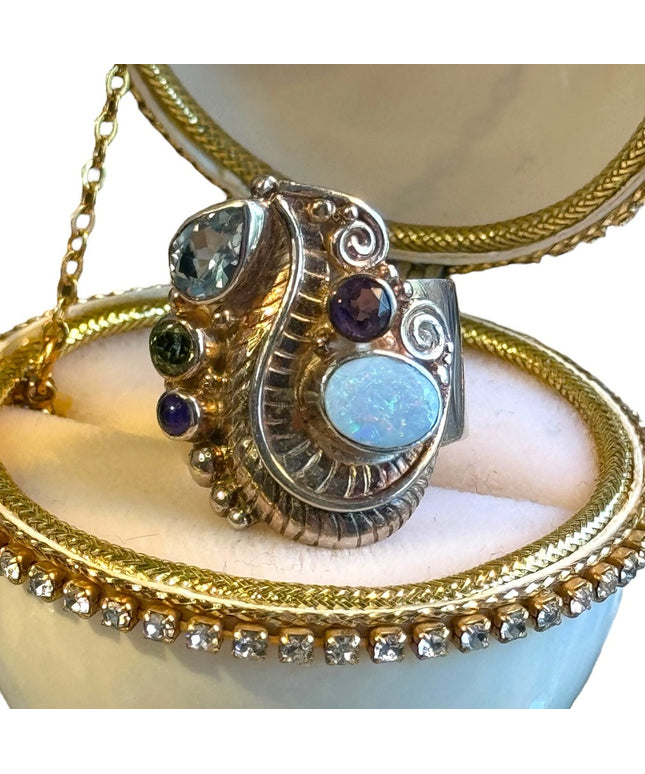 Sajen Moonstone amethyst & topaz scrollwork Bali designer ring
