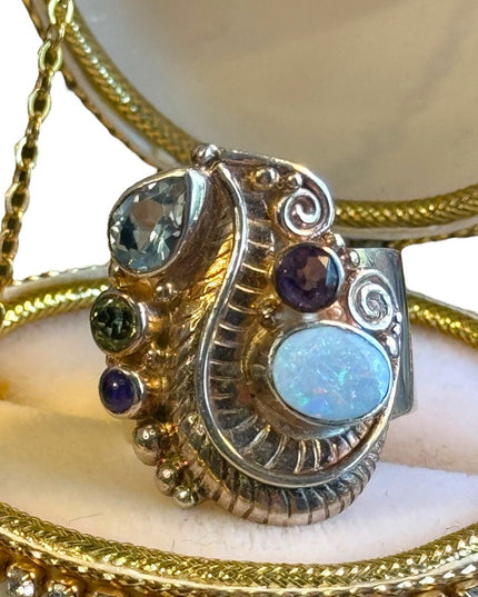 Sajen Moonstone amethyst & topaz scrollwork Bali designer ring