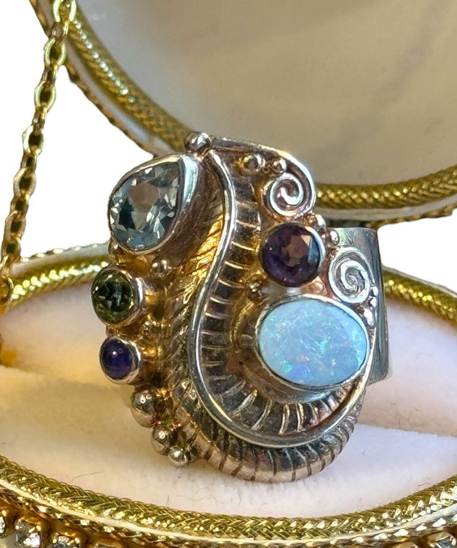 Sajen Moonstone amethyst & topaz scrollwork Bali designer ring