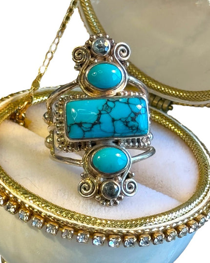 Sajen sterling silver designer 925 turquoise scrollwork topaz ring