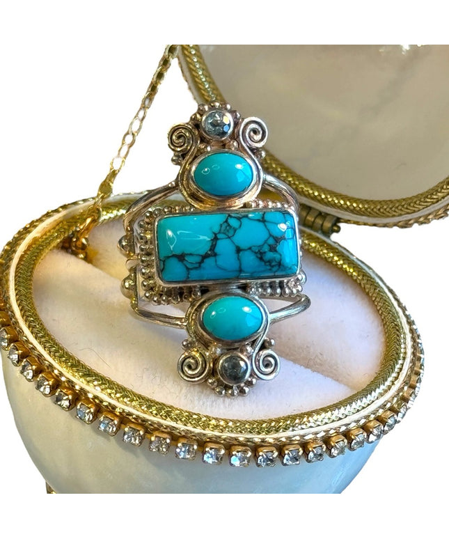 Sajen sterling silver designer 925 turquoise scrollwork topaz ring