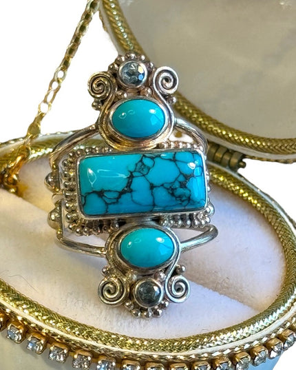 Sajen sterling silver designer 925 turquoise scrollwork topaz ring