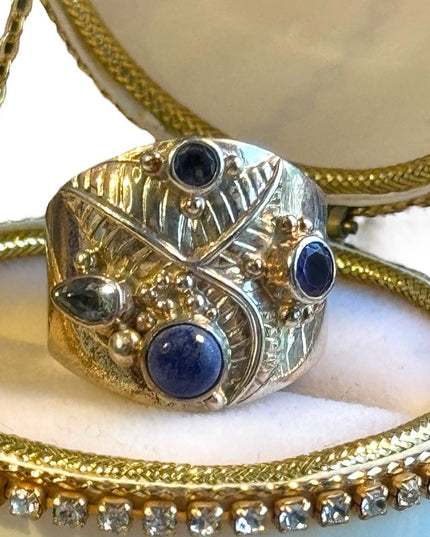 Sajen topaz amethyst lapis scrollwork Bali designer ring