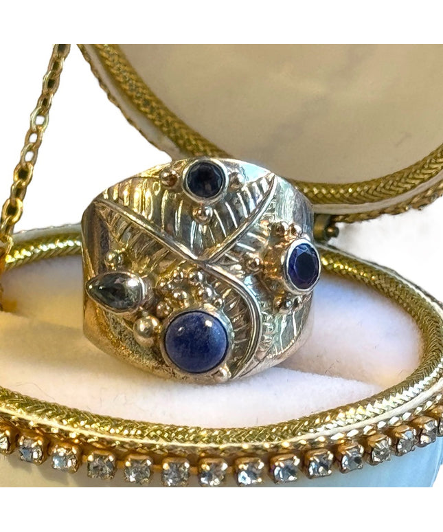 Sajen topaz amethyst lapis scrollwork Bali designer ring