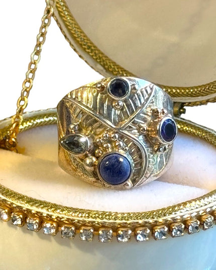 Sajen topaz amethyst lapis scrollwork Bali designer ring