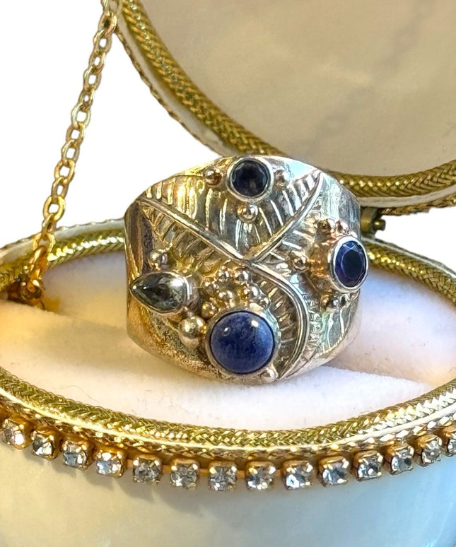 Sajen topaz amethyst lapis scrollwork Bali designer ring