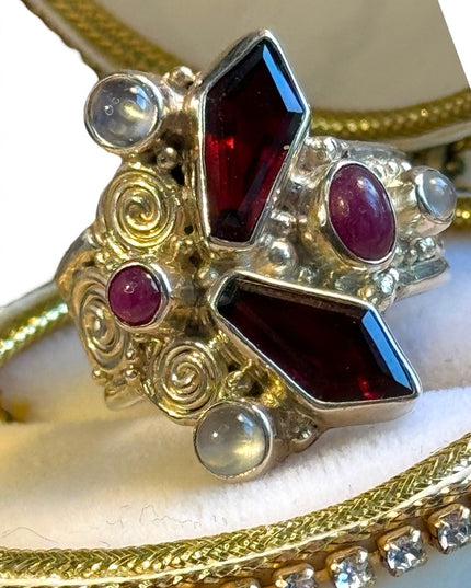 Sajen Garnet moonstone rhodonite Sterling silver ornate ring