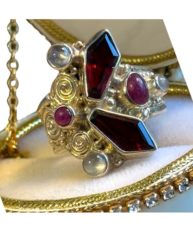 Sajen Garnet moonstone rhodonite Sterling silver ornate ring