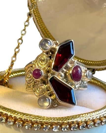 Sajen Garnet moonstone rhodonite Sterling silver ornate ring