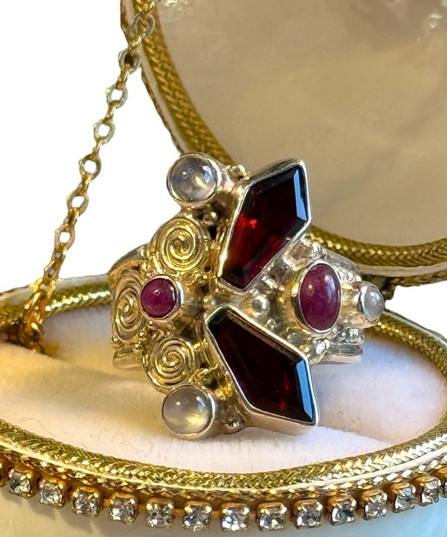 Sajen Garnet moonstone rhodonite Sterling silver ornate ring