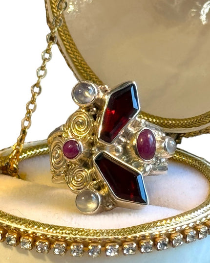 Sajen Garnet moonstone rhodonite Sterling silver ornate ring
