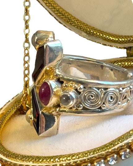 Sajen Garnet moonstone rhodonite Sterling silver ornate ring
