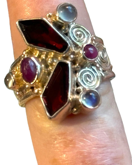 Sajen Garnet moonstone rhodonite Sterling silver ornate ring