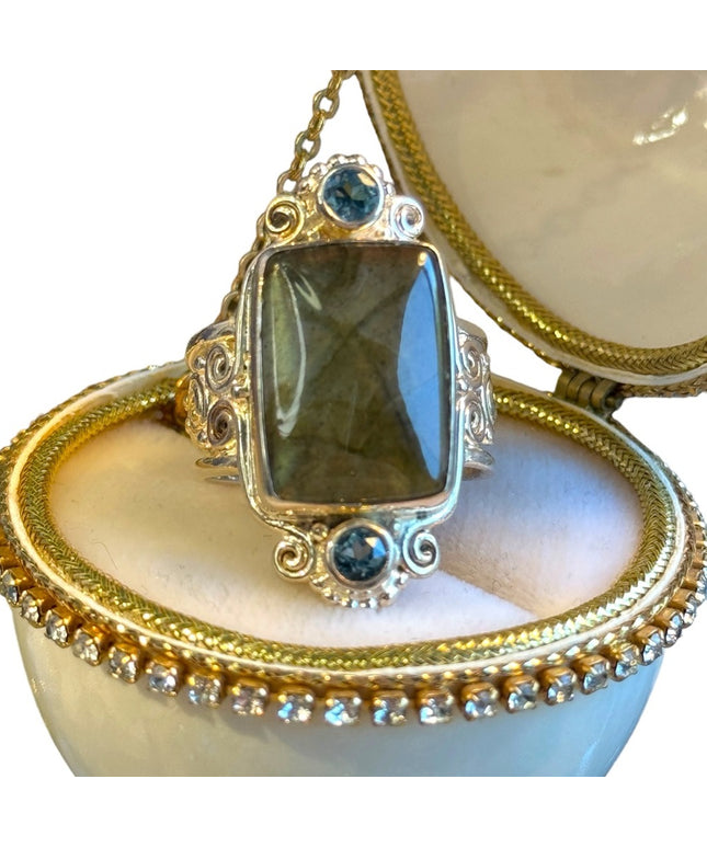 Sajen Sterling silver 925 scrollwork topaz labradorite Balenisian ring