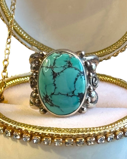 Turquoise Ring Sterling Silver Sajen ornate scrollwork