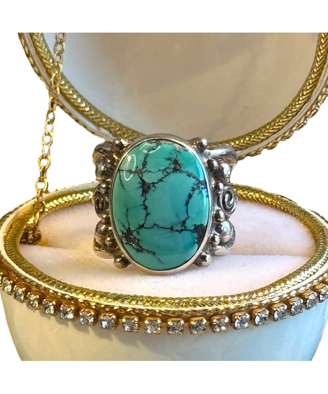 Turquoise Ring Sterling Silver Sajen ornate scrollwork