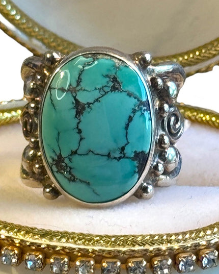 Turquoise Ring Sterling Silver Sajen ornate scrollwork