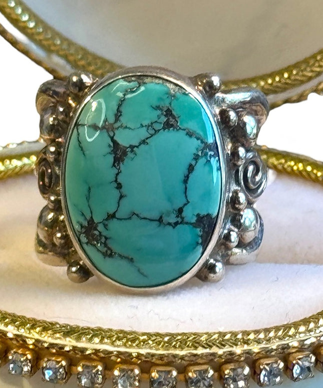 Turquoise Ring Sterling Silver Sajen ornate scrollwork