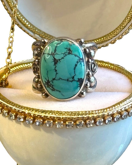 Turquoise Ring Sterling Silver Sajen ornate scrollwork