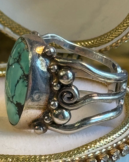Turquoise Ring Sterling Silver Sajen ornate scrollwork