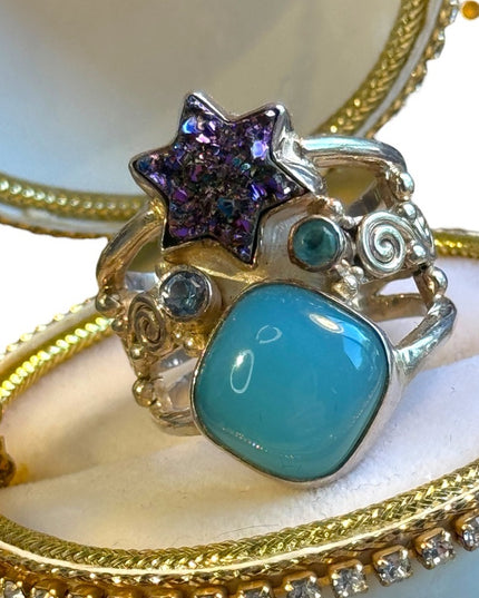 Sajen Beautiful Sajen Multi Color Gemstone Druzy Sterling Silver Ring topaz