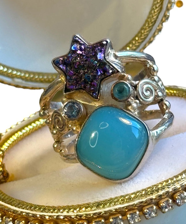 Sajen Beautiful Sajen Multi Color Gemstone Druzy Sterling Silver Ring topaz