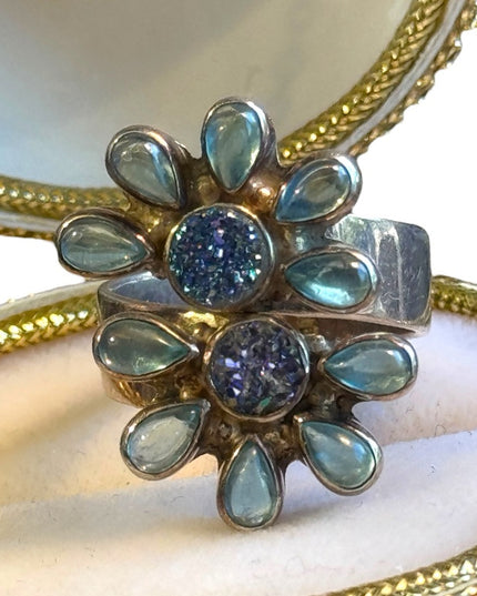 Lovely Sajen Sterling silver moonstone & druzy flower ring