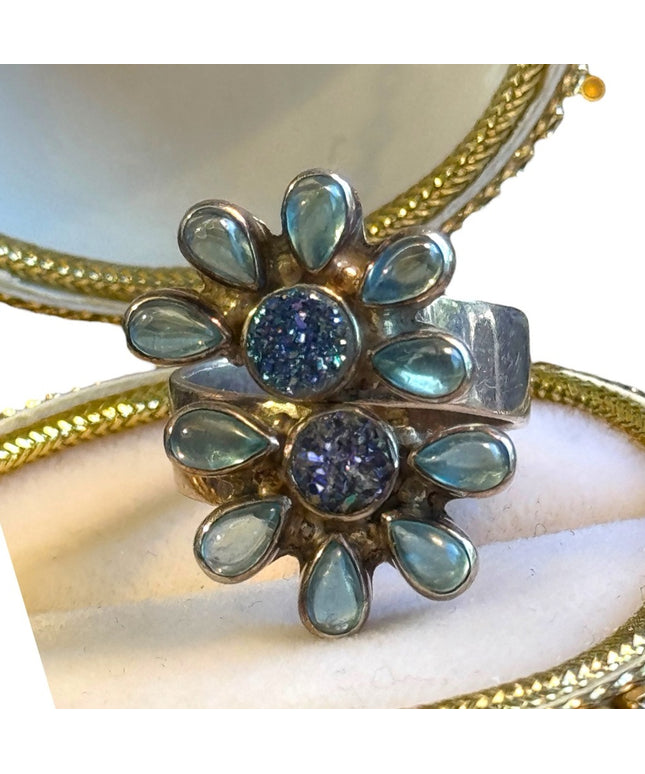 Lovely Sajen Sterling silver moonstone & druzy flower ring