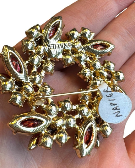 stunning red crystal vintage NAPIER gold finish brooch