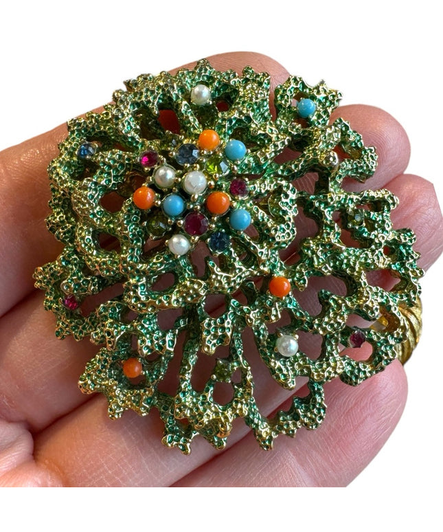 Vintage DORLAN multicolor bead and green finish brooch modernist christmas tree