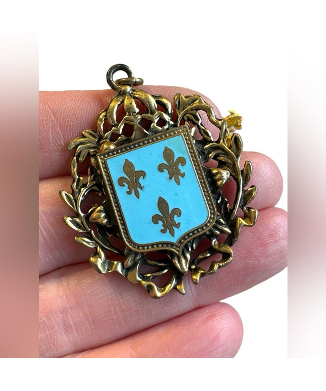 Mid Century Fleur de lis and Shield Goldtone and blue Enamel pendant