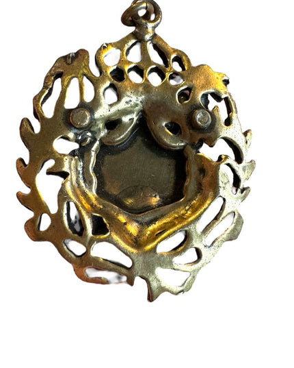 Mid Century Fleur de lis and Shield Goldtone and blue Enamel pendant