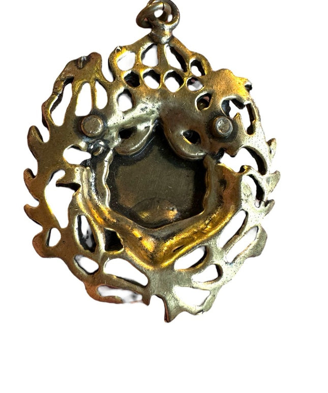 Mid Century Fleur de lis and Shield Goldtone and blue Enamel pendant