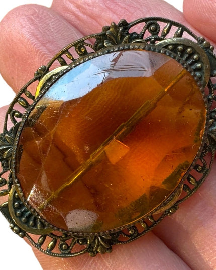 Vintage CZECH amber glass brassy finish filagree brooch