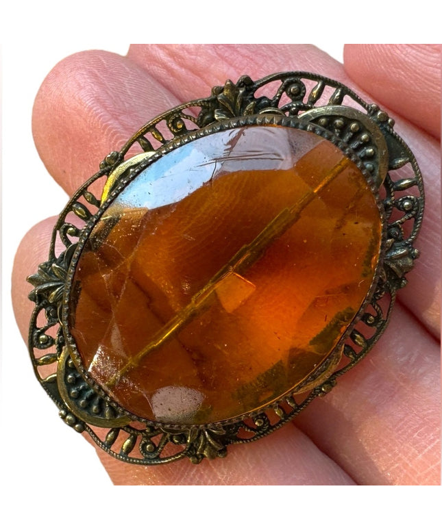 Vintage CZECH amber glass brassy finish filagree brooch
